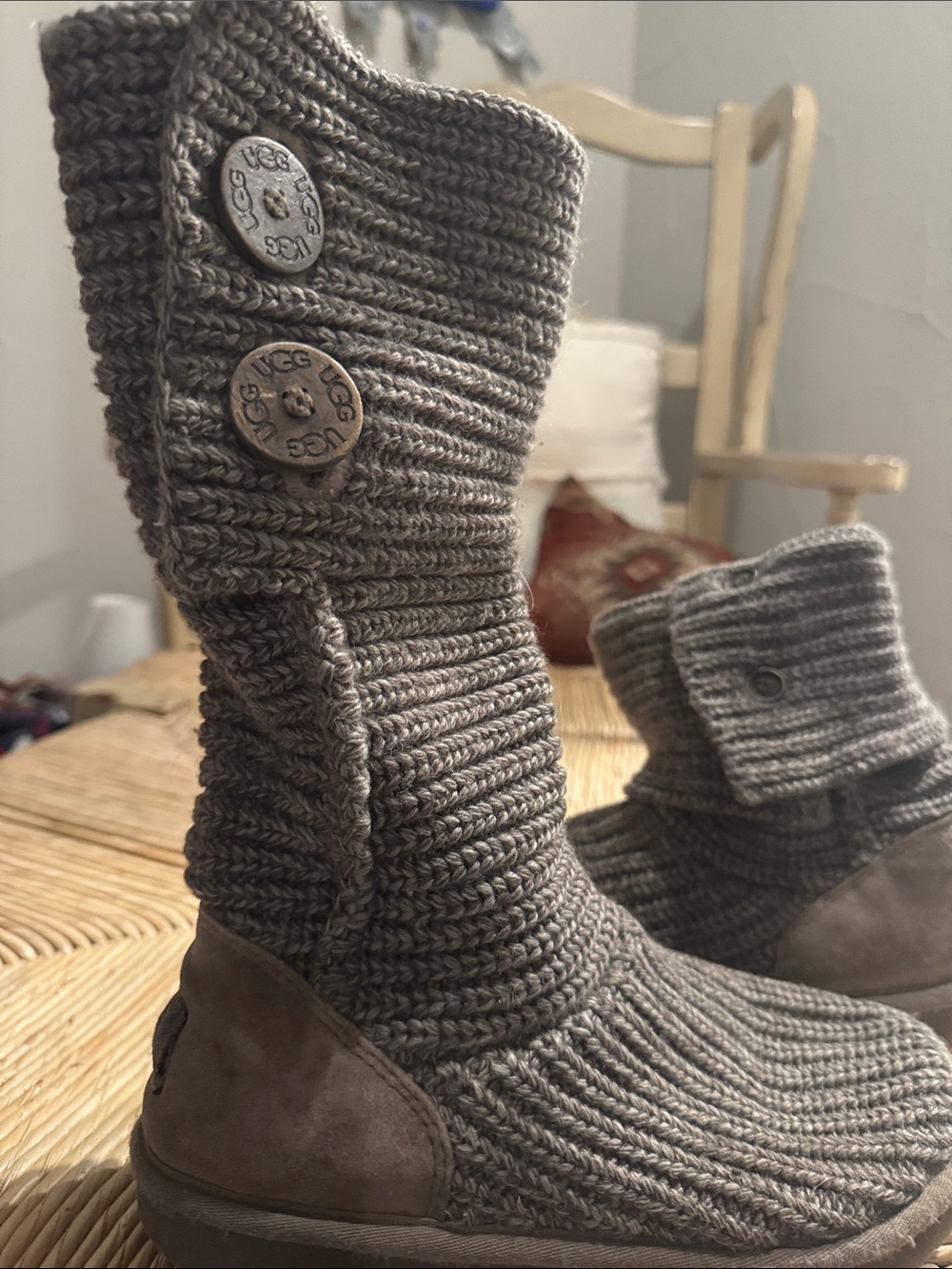 UGG Gray Knit Button-Detail Mid-Calf Boots